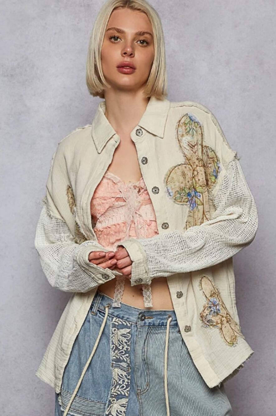 POL Cream Floral Applique Crochet Sleeve Button Down Top L NWT - Garden Romantic